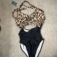 Leopard Print Black One Piece Swimsuit High Waisted Halter Strap Lined
