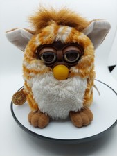 Pelliccia vintage Furby originale Tiger Toys 1998 marrone occhi bianchi a righe rara funzionante