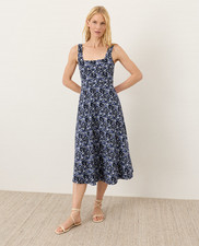 PACT Organic Fit Flare Square Neck Dress, Paradise Petals Navy Blue NEW