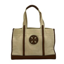 TORY BURCH Cream Dark Brown Canvas Leather Tote Bag