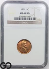 1951 Lincoln Cent Wheat Penny, RED NGC MS 66 RD ** Tough This Nice!