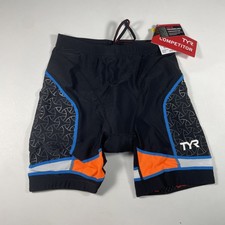 TYR COMPETITOR Men's XS Black Orange Blue 7" Shorts with Bike Pad USA Made New