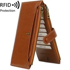 Thin Leather Wallet for Women RFID Purse Long ID Card Holder Handbag with Zipper