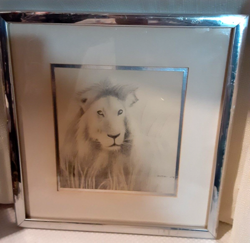 John R. Nottoli signed Pencil Art Lion Head in Tall Grass Metal Frame - Picture 1 of 12