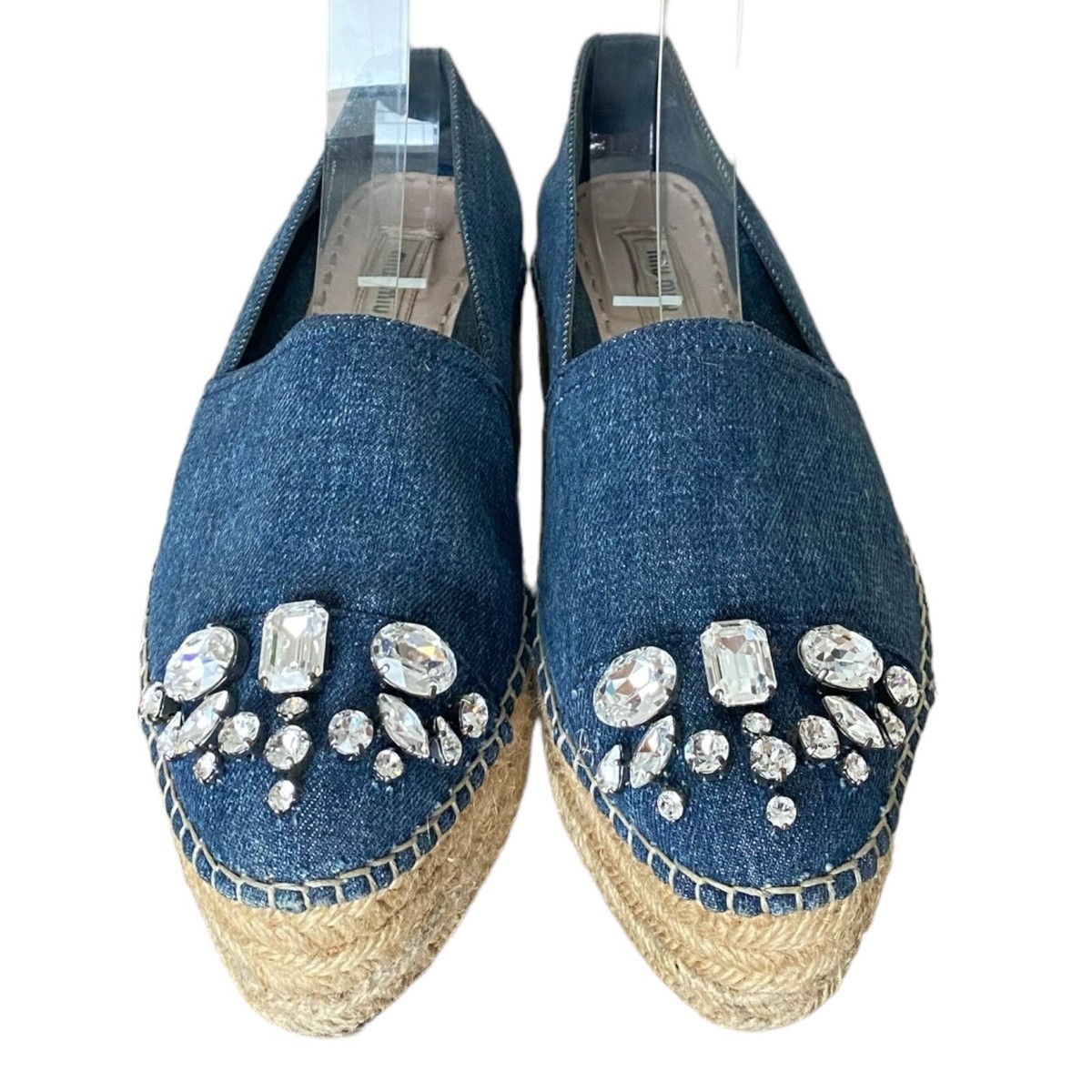 MIU MIU Blue Denim Fabric Crystal Embellished Platform