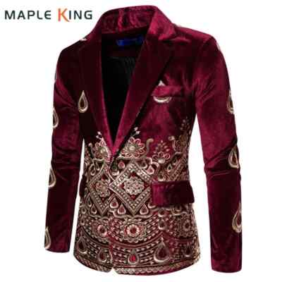 Floral Embroidery Wedding Suits Men Luxury Wine Velvet Formal Slim Suit Jacket
