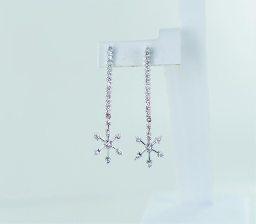 14Kt White Gold Diamond Snowflake Dangle Drop Earrings - Picture 3 of 10