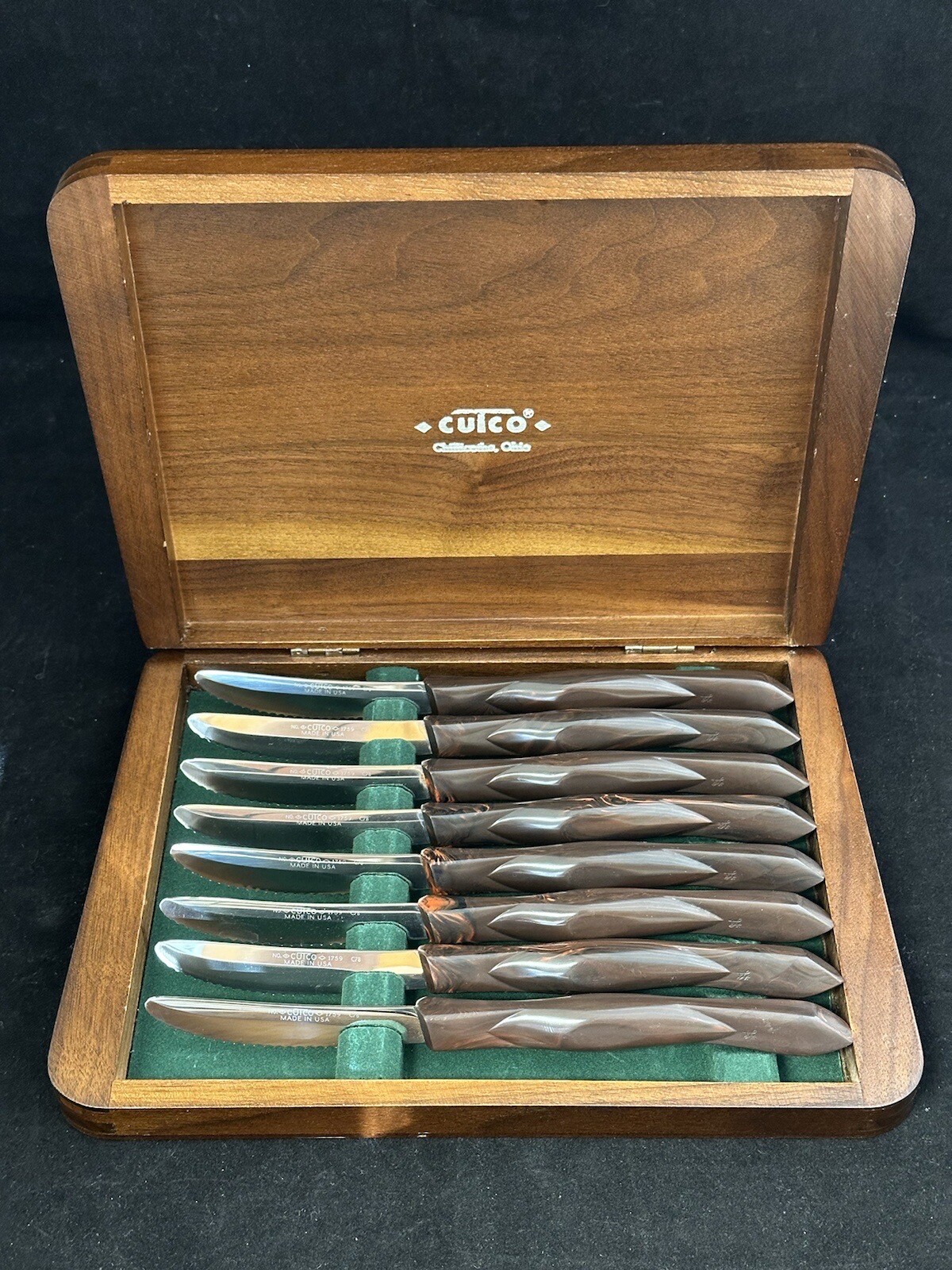 Vintage CUTCO 1759 8pc Brown Orange Handle Steak Knife Set w Wood Box