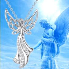 PROTECT ANGEL GUARDIAN WING FAIRY CZ Pendant GERMAN Silver 18" Necklace Women