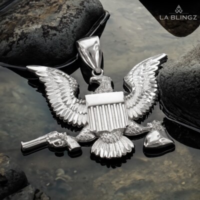 Sterling Silver Eagle Gun Money Bag Mens Large DC Hip-Hop Pendant
