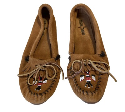 MINNETONKA BEADED THUNDERBIRD BROWN SUEDE HARD SOLE MOCCASINS WOMENS SZ 