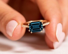 Natural London Blue Topaz Ring 925 Sterling Silver Emerald Cut London Topaz Ring