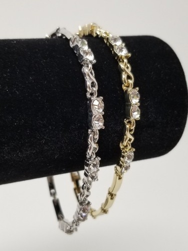 Bracelets 2 Gold tone and Silver Tone Links with Clear Rhinestones with Box - Picture 9 of 12