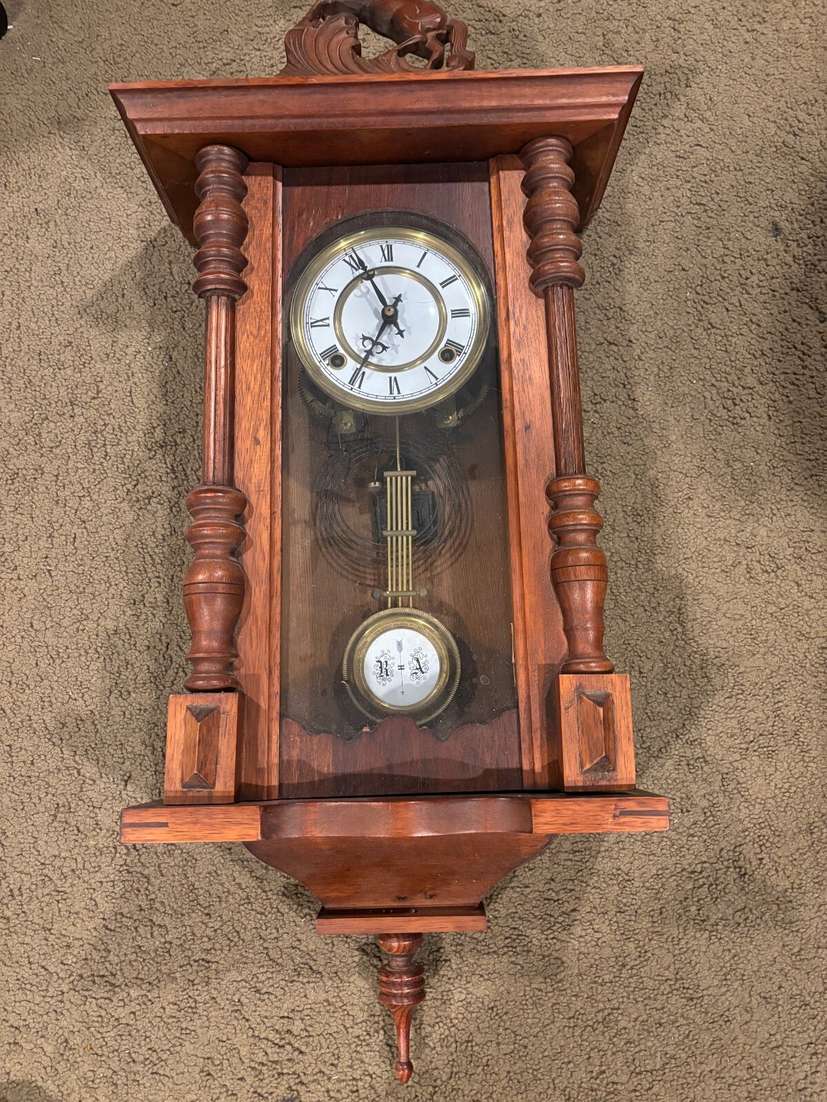 Vintage Regulator Wall Clock W/ Horse Western Walnut Wood R & A Pendulum Chimes