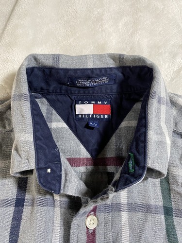 Tommy Hilfiger Classic Fit Męska koszula z małym guzikiem Bawełna Szara Kratka Logo - Zdjęcie 2 z 9