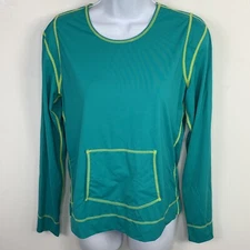 Athleta Womens Active Top sz M Blue Long Sleeve Front Pocket Scoop Neck Stretch