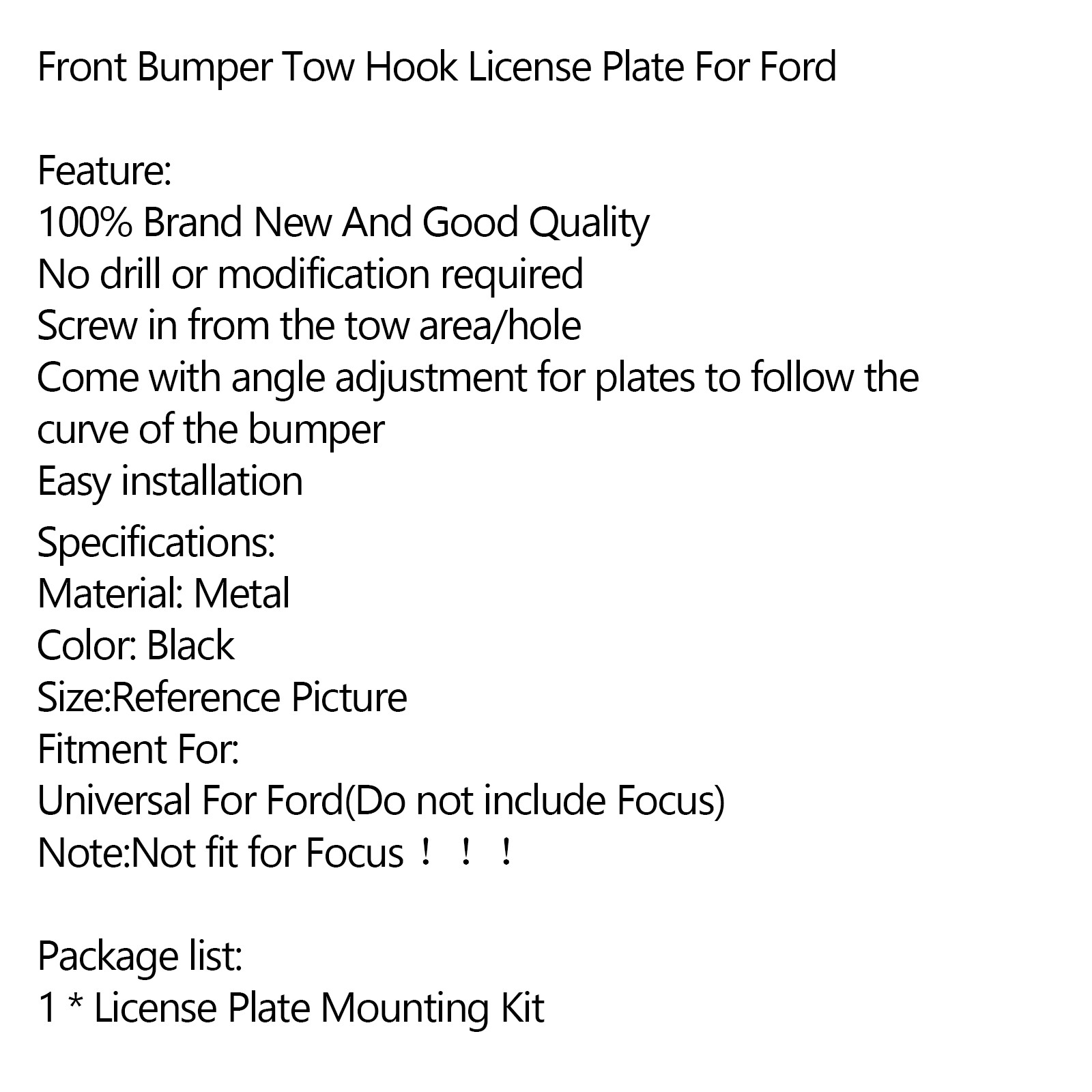 Universal Car Front Bumper Tow Hook License Plate Mounting Bracket Kit