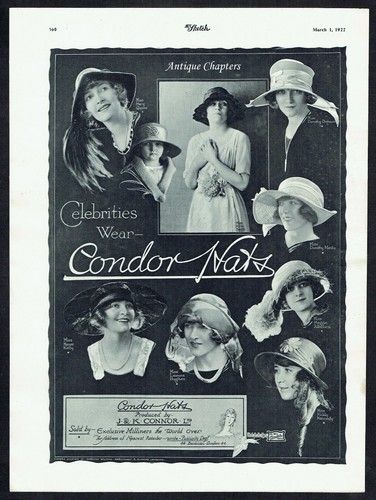1920's Celebrities Wearing Condor Art Deco Hats 1922 Advert K471 - 第 1/1 張圖片