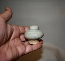 Antique Sawankhalok Period Ceramic Green Glazed Jarlet from Thailand