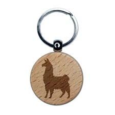 Proud Wooly Llama Standing Silhouette Engraved Wood Round Keychain Tag Charm