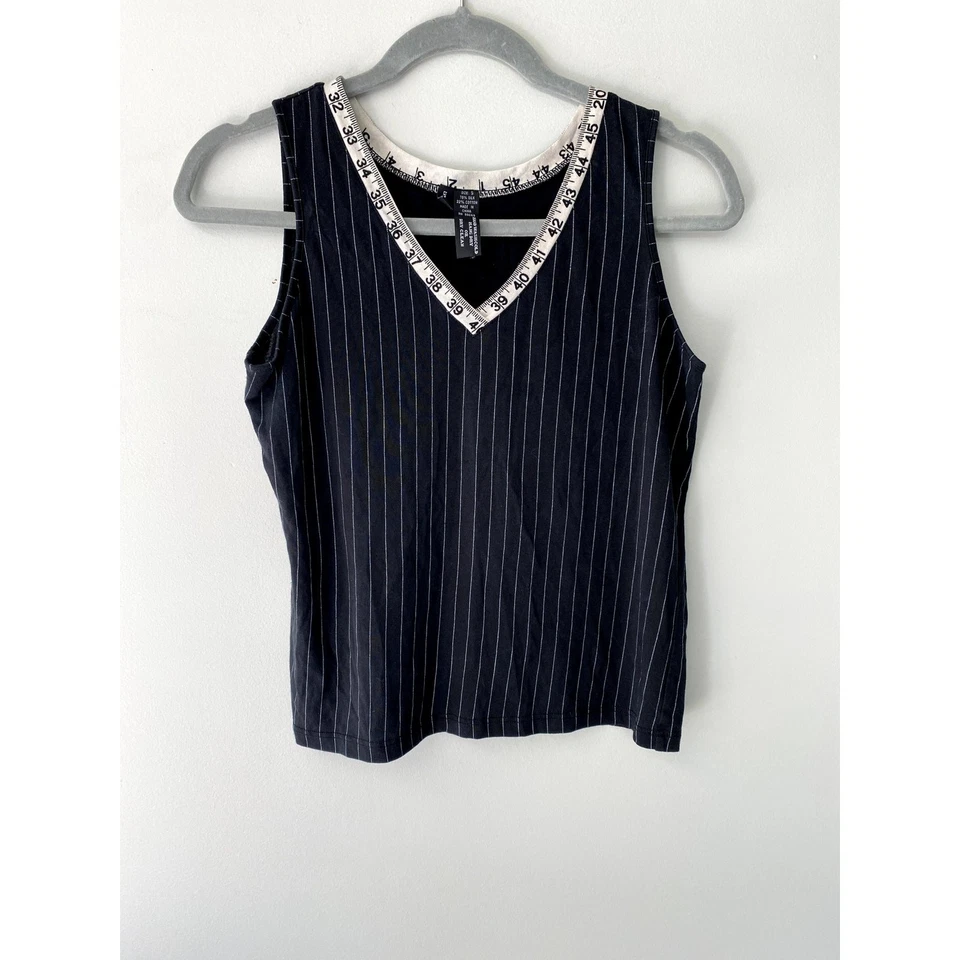 Black and White Pinstripe Silk Blend V Neck Tank w/ Measuring Tape Collar Sz S - Image 3 of 4