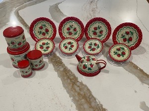 Vintage 1950s Wolverine Strawberry Toy Tin Canister Set w Partial Tea Set, 17 Pc