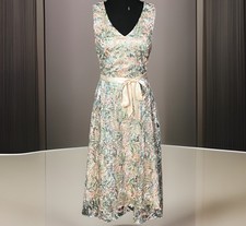 Tahari Arthur S Levine Embroidered Hi/Lo Fitted With Bow Sea Glass Dress Size 6