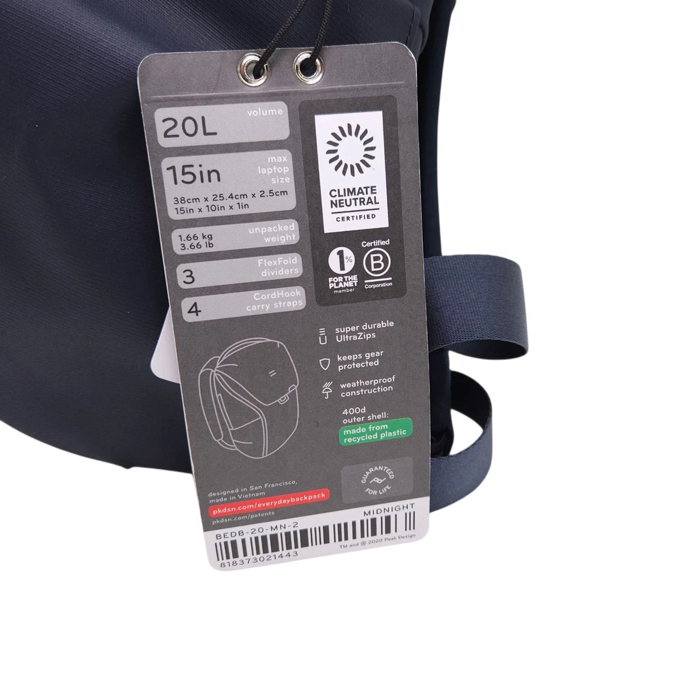 Peak Design Everyday Backpack 20L Midnight Blue 15" Laptop Carry Bag Magnetic - Image 3 of 4
