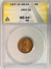 1927 Lincoln Cent (Wheat Penny), ANACS MS-64 RB, Red-Brown
