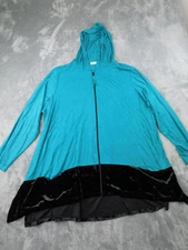 LOGO Lori Goldstein Hoodie Cardigan Womens 3X Teal Black Velvet Hem Zip Up