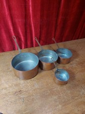 Vintage French Set Of 4 Copper Stamped Pans With Riveted Brass Handles 