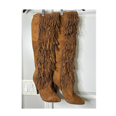 Steve Madden Maraka Brown Suede Leather Fringe Knee High Zip Boots 8.5