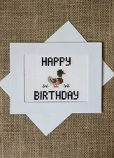 Completed Finished Cross Stitch Happy Birthday Mallard Duck Blank Note Card