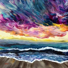Ocean Waves Sunset Beach Original Pour Painting Seascape Laura Milnor Iverson