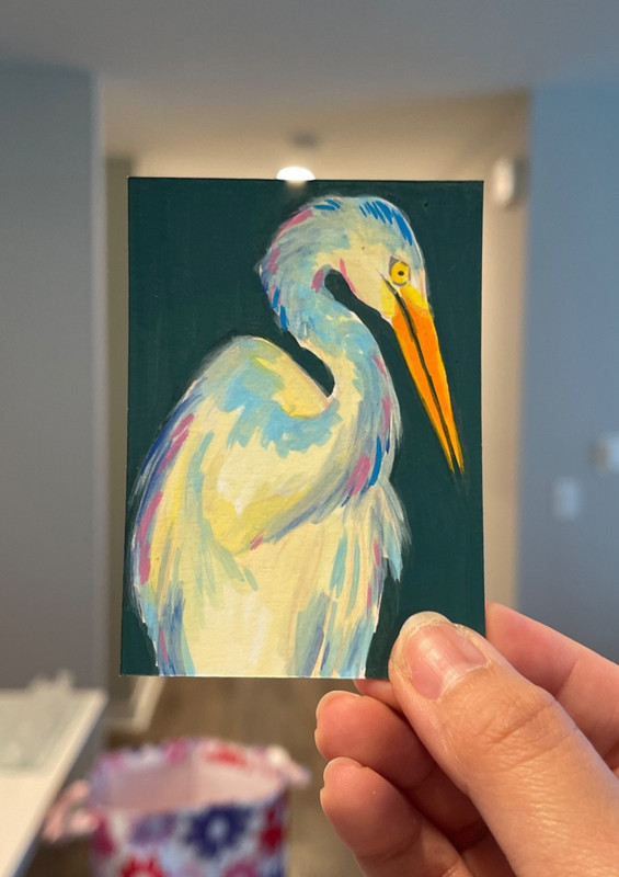 ACEO New Original Acrylic Bird Painting 2.5"X 3.5”. Egret