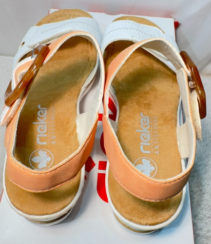 Sandalias Rieker de cuero sintético Reino Unido 5/38 blancas/melocotón 67476 tacón de cuña correa rasgada - Imagen 9 de 20