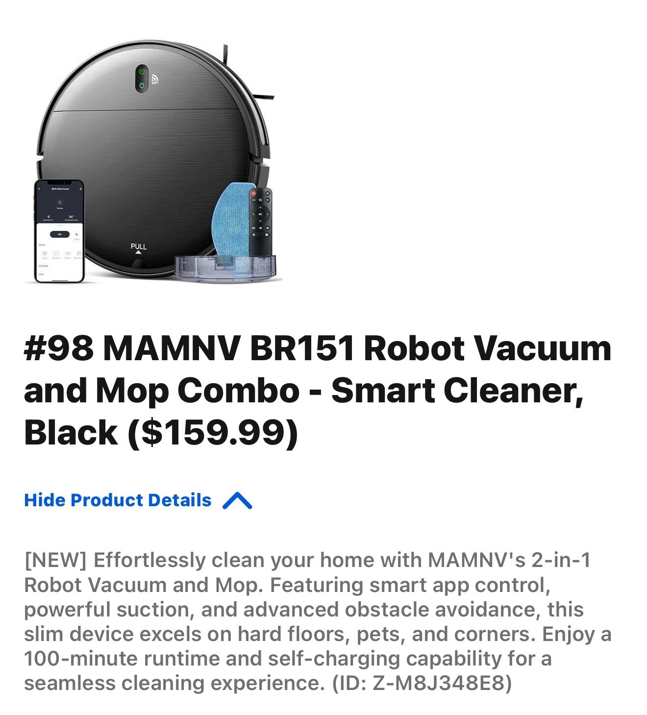 BR151 Robot 2 in 1 Vacuum and Mop Combo Smart Vacuum
