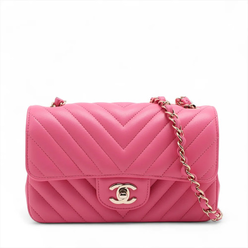Chanel Chevron Lambskin Single Flap Single Chain Bag V Stitch Pink Gold Metal Fi