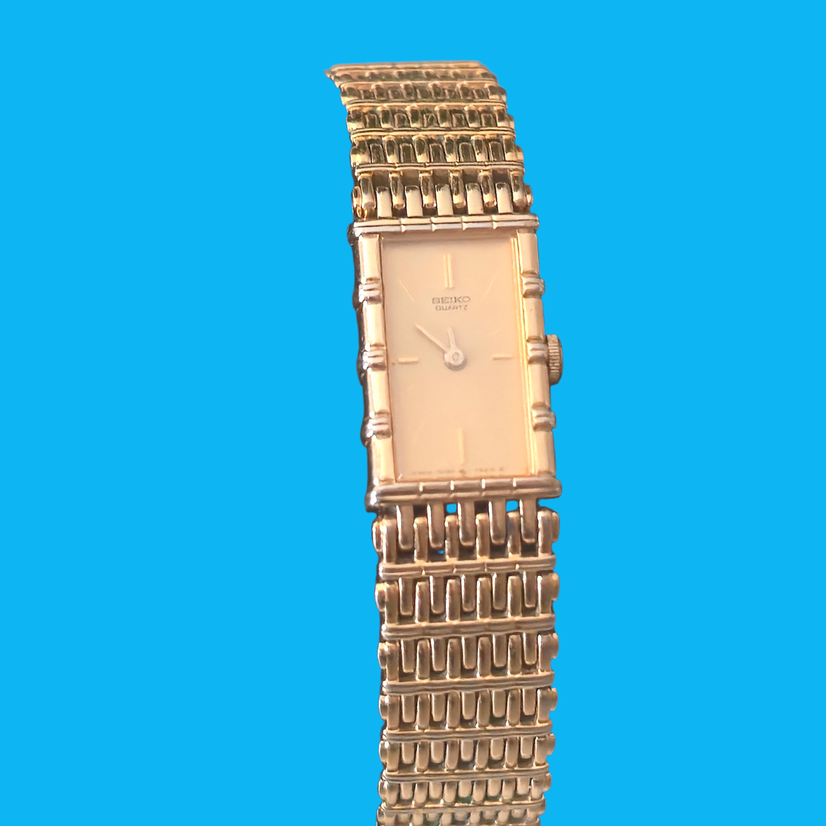 Vintage Seiko Quartz Ladies Tank Watch Gold Tone Bamboo Link