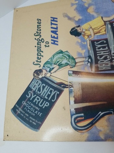 1998 Vintage Hershey's Syrup Tin Sign "Stepping Stones to Health" Chocolate - Picture 2 of 9