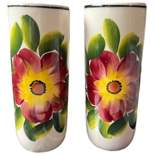 Pair Of  Talvera Vases Red Flower Green Leaves 6.25” Tall Hand Painted Mexico