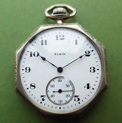 gute 8-eckige "ELGIN" HERREN TASCHENUHR, Ankerhemmung, gute Funkt., ca. 1921 - Bild 1 von 4