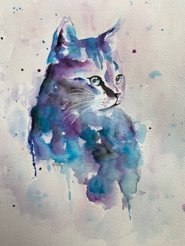 "Purple cat" Hand made Watercolor Painting 11" x 14" Arches paper ORIGINAL - 第 1/3 張圖片