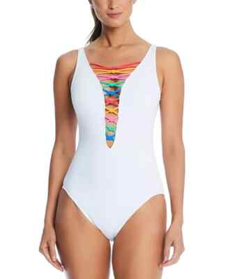 Bleu by Rod Beattie Women's Core-Lace-Down Mio One-Piece Swimsuit White Multi 14