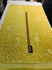 BRIGHT YELLOW IRIDESCENT SEQUINS ON A 4 STRETCH YELLOW MESH-PROM-BY YARD.