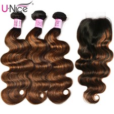 Malaysian Ombre Brown Body Wave Human Hair Weaves 3 Bundles With HD lace Closure
