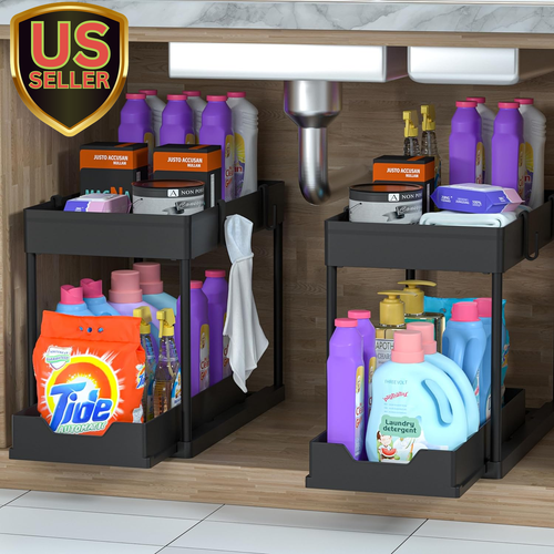 2 Pack under Sink Organizer, 2 Tier Bathroom Cabinet Organizer with Sliding B...