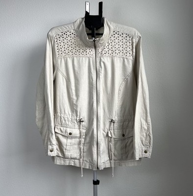 DressBarn Linen Blend Jacket 2X Beige Utility Safari Lace Zip Lightweight