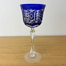Cobalt Blue Cut to Clear Crystal Hock Wine Glass Goblet