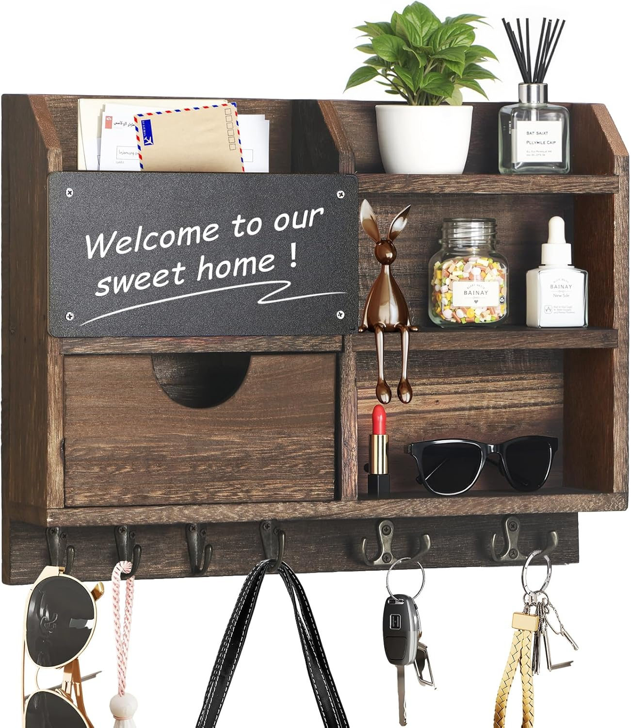 Key Holder Wall Mount, 14.5X11.2X3.5'' Larger 3-Tier Shelf 8 Hooks Drawer Storag